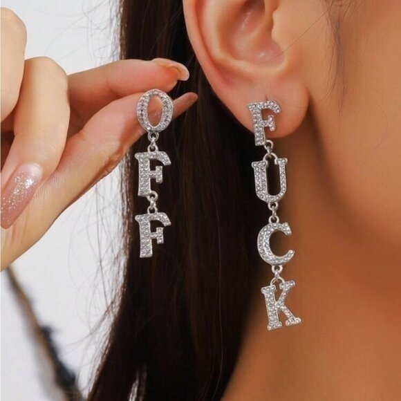 Silver Rhinestone Letter Dangle Punk Fashion F*uck Off Earrings - Picture 1 of 3